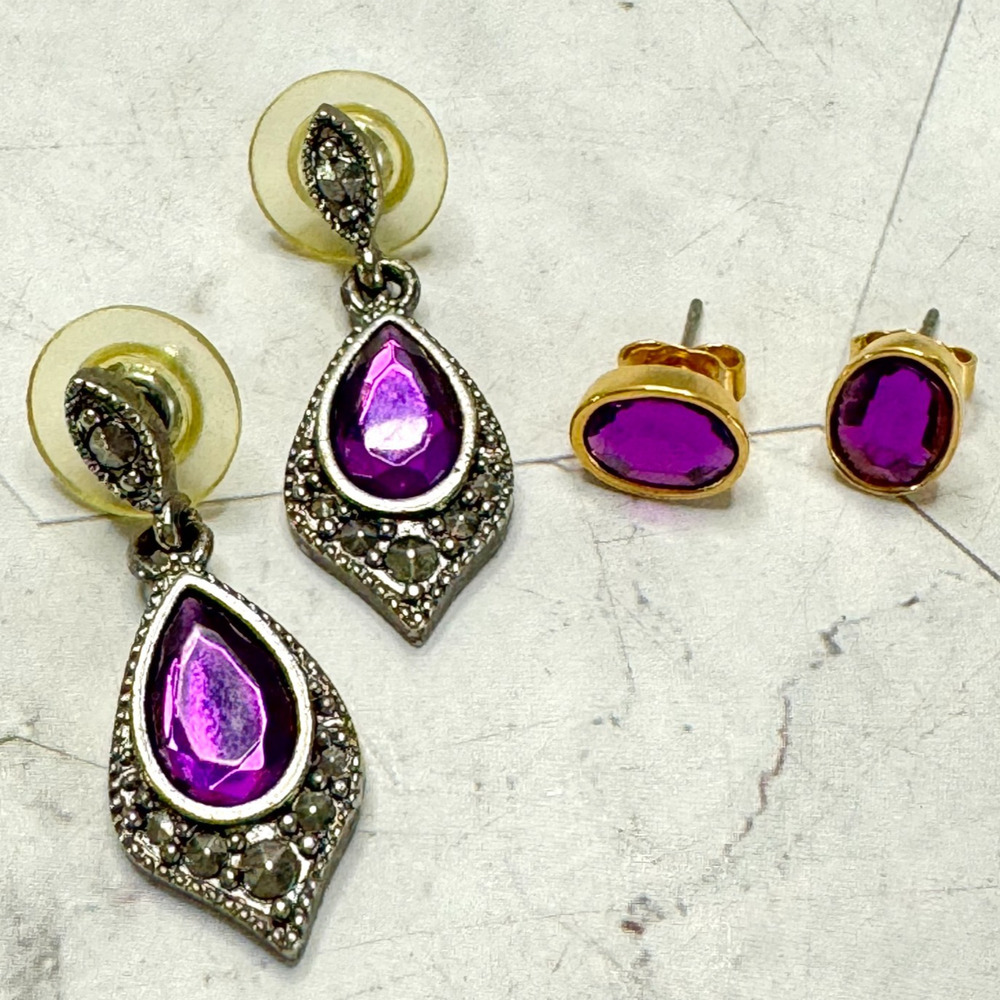 Lot of 2 Vintage Avon Earrings Purple Stone Silver Tone Dangle Gold Tone Stud